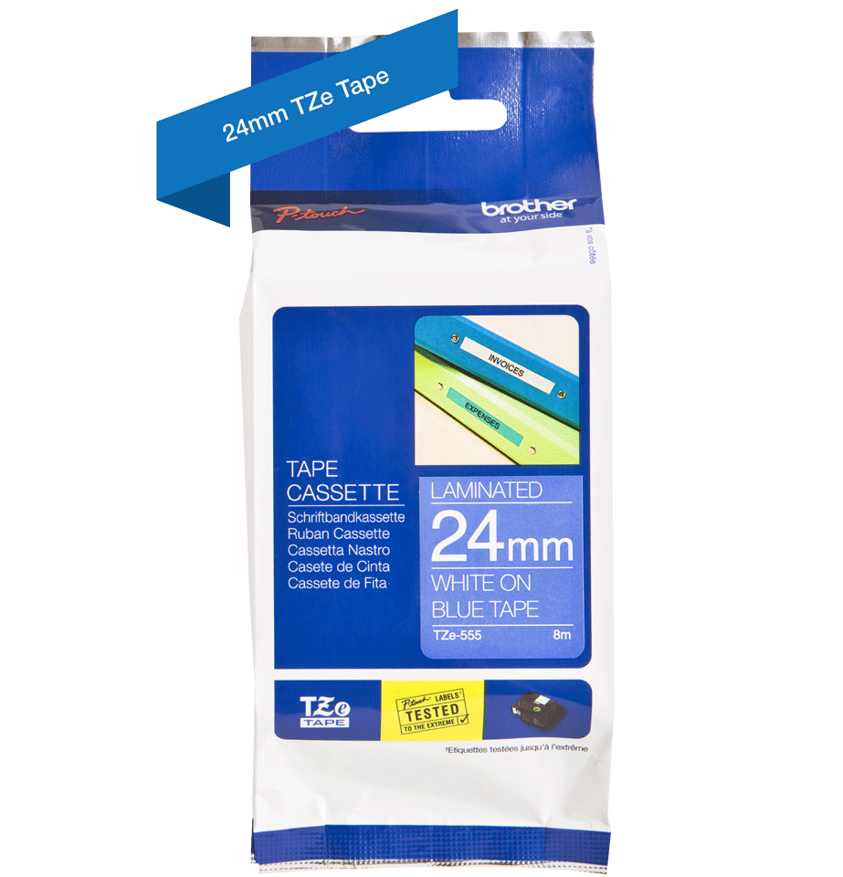 Genuine Brother TZe-555 Labelling Tape Cassette – White On Blue, 24mm wide 3